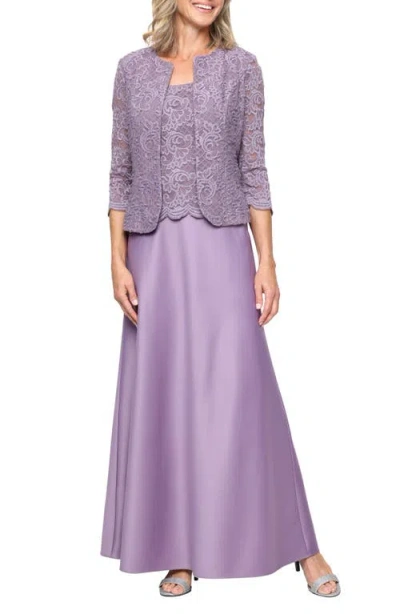 Alex Evenings Embroidered Lace Mock Two-piece Gown With Jacket In Purple