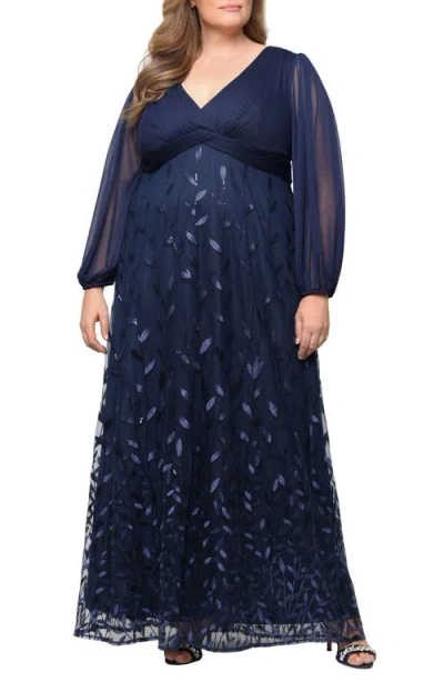 Alex Evenings Embroidered Long Sleeve A-line Gown In Blue
