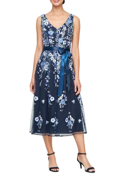 Alex Evenings Embroidered Mesh A-line Cocktail Dress In Navy Multi