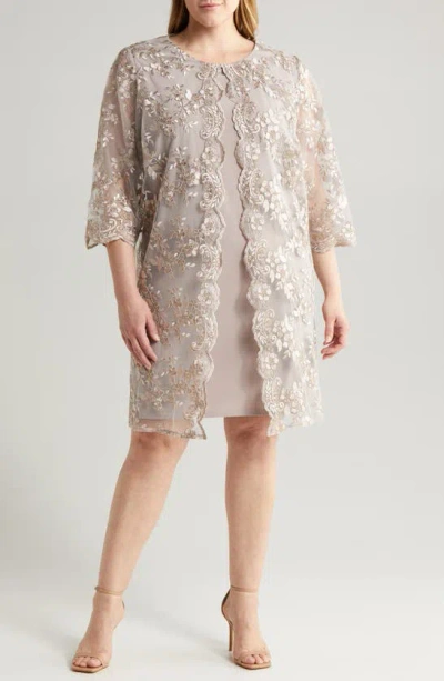 Alex Evenings Embroidered Mock Jacket Cocktail Dress In Taupe