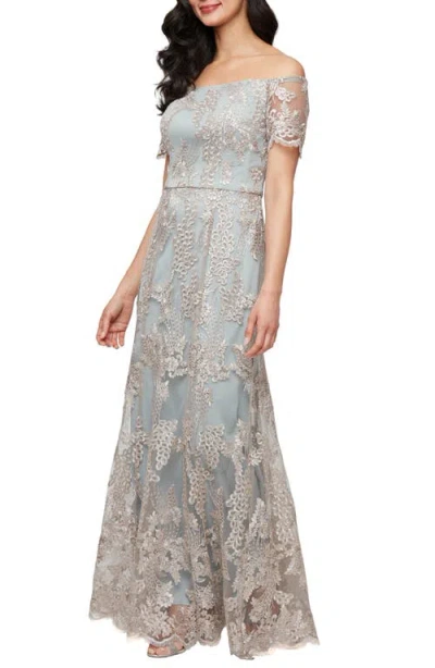 Alex Evenings Embroidered Off The Shoulder Tulle Mermaid Gown In Gray