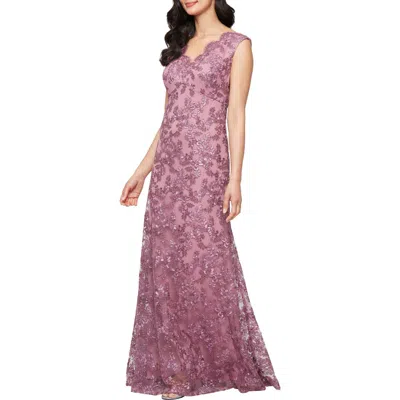 Alex Evenings Embroidered Scalloped Sleeveless Gown In Purple