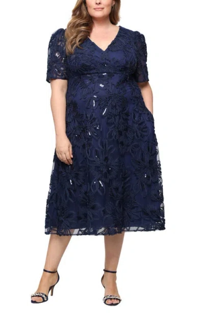 Alex Evenings Embroidered Sequin Soutache A-line Midi Cocktail Dress In Blue