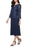 Alex Evenings Embroidered Sequin Tulle Mock Jacket Cocktail Midi Dress