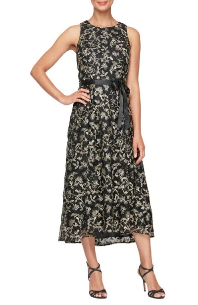 Alex Evenings Embroidered Sleeveless Midi Cocktail Dress In Black Gold