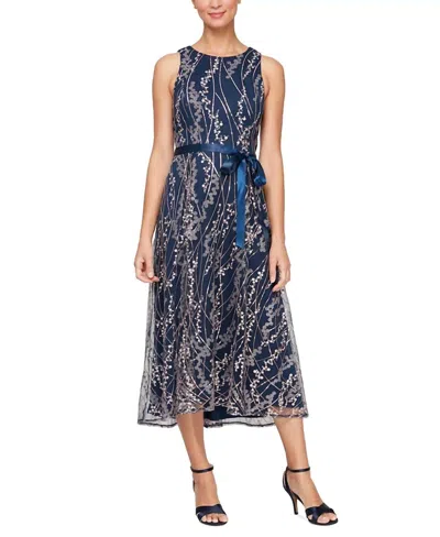 Alex Evenings Embroidered Sleeveless Midi Dress In Blue