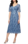Alex Evenings Embroidered Tulle Cocktail Dress In Blue