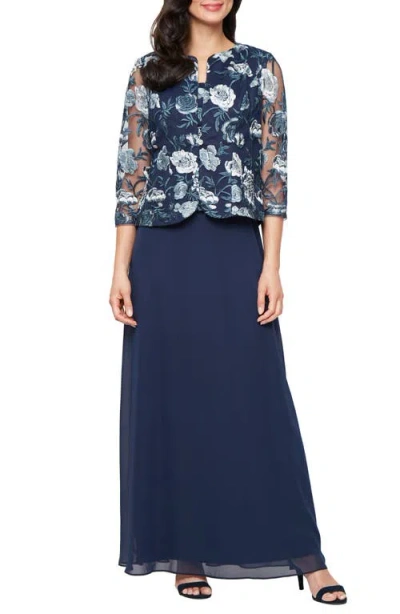 Alex Evenings Embroidered Tulle Cocktail Dress With Jacket In Blue