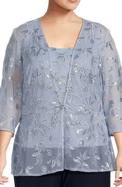 Alex Evenings Embroidered Twin Set In Hydrangea In Grey