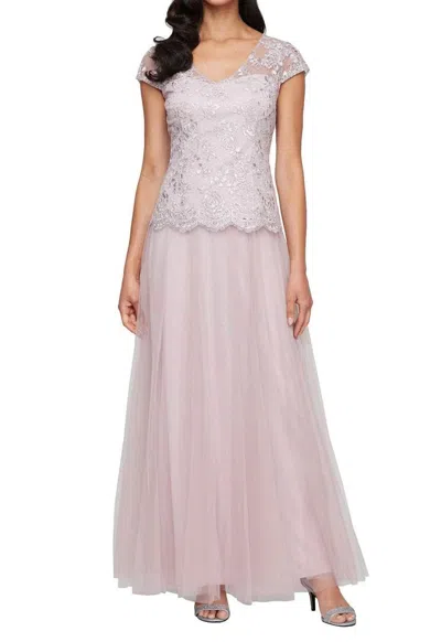 Alex Evenings Embroidered V-neck Gown With Tulle Skirt In Blush In Multi