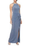Alex Evenings Faux Pearl Detail Metallic Knit Sheath Gown In Wedgewood