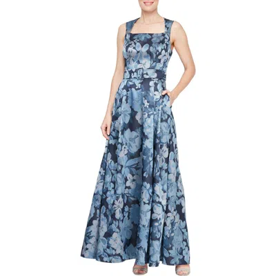 Alex Evenings Floral A-line Gown In Blue/multi