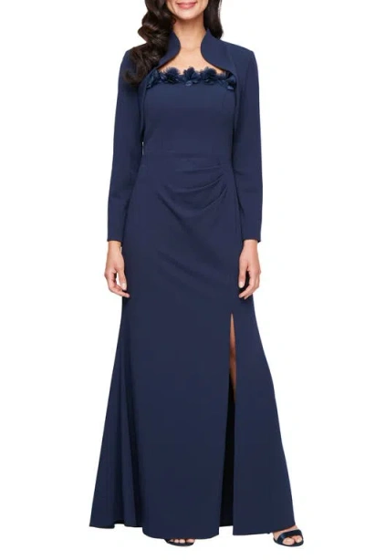 Alex Evenings Floral Appliqué Stretch Crepe Gown With Bolero Jacket In Navy