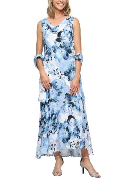 Alex Evenings Floral Burnout Chiffon Gown With Shawl In Blue