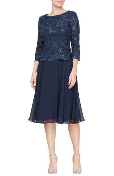Alex Evenings Floral Embroidered Cocktail Dress In Navy