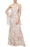 ALEX EVENINGS FLORAL EMBROIDERED EVENING GOWN WITH WRAP