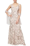 Alex Evenings Floral Embroidered Evening Gown With Wrap In Champagne