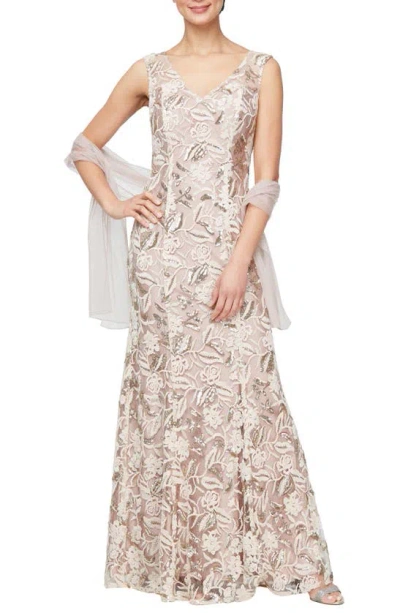 Alex Evenings Floral Embroidered Evening Gown With Wrap In Champagne