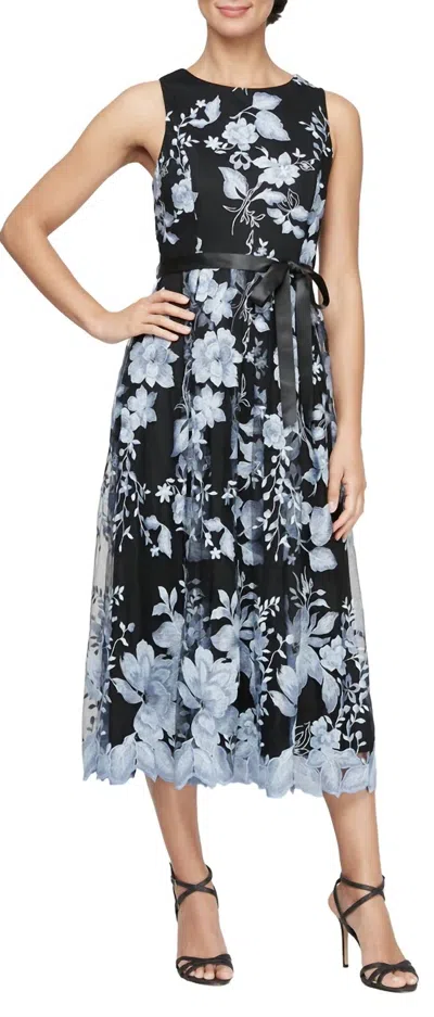 Alex Evenings Floral Embroidered Midi Dress In Black/ Blue