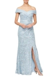 ALEX EVENINGS FLORAL EMBROIDERED SEQUIN OFF THE SHOULDER GOWN