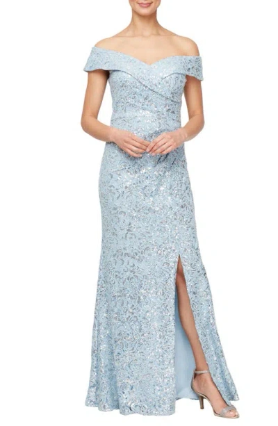 Alex Evenings Floral Embroidered Sequin Off The Shoulder Gown In Hydrangea