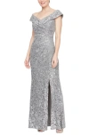 Alex Evenings Sequin Corded Lace Off The Shoulder Gown In Pewter