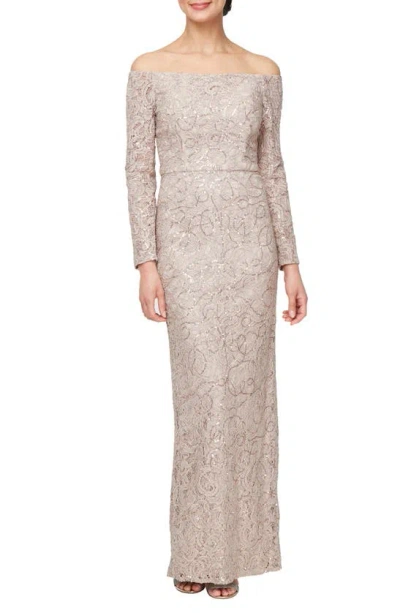 Alex Evenings Floral Embroidered Sequin Off The Shoulder Long Sleeve Gown In Buff