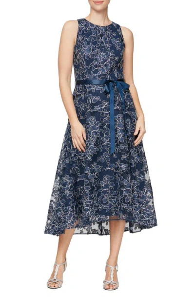Alex Evenings Floral Embroidery Sleeveless Cocktail Midi Dress In Navy