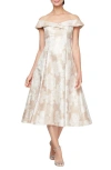 Alex Evenings Floral Jacquard Off The Shoulder Cocktail Dress In Champagne