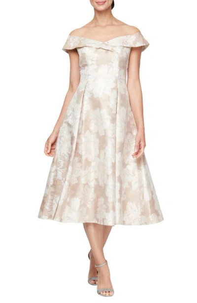 Alex Evenings Floral Jacquard Off The Shoulder Cocktail Dress In Champagne