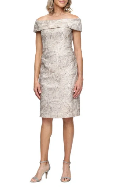 Alex Evenings Floral Jacquard Off The Shoulder Cocktail Dress In Gray