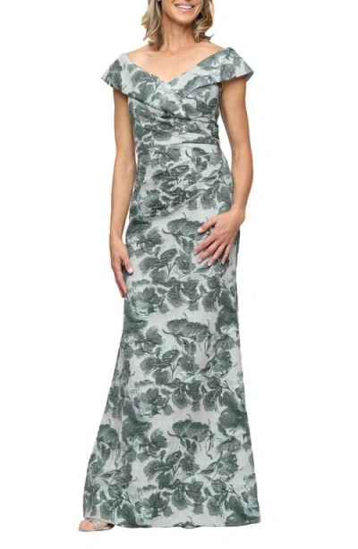 Alex Evenings Floral Jacquard Ruched Off The Shoulder Gown In Green