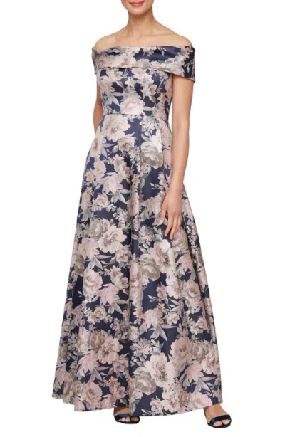 Alex Evenings Floral Off The Shoulder Gown In Navy/ Pink
