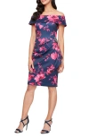 Alex Evenings Floral Off The Shoulder Stretch Scuba Crepe Cocktail Dress In Navy/fushia