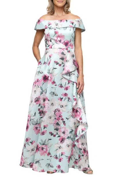 Alex Evenings Floral Off-shoulder Yoryu Gown In Black