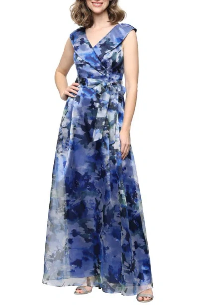 Alex Evenings Printed V-neck Long A-line Gown In Blue