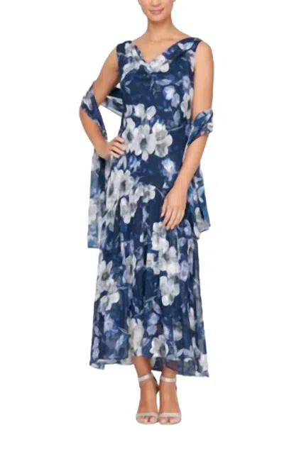 Alex Evenings Floral Print Tea Length Dress In Navy/multi
