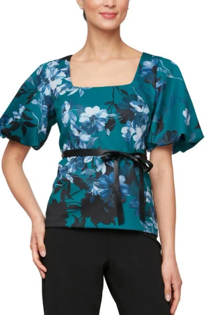 Alex Evenings Floral Puff Sleeve Square Neck Top In Teal Multi