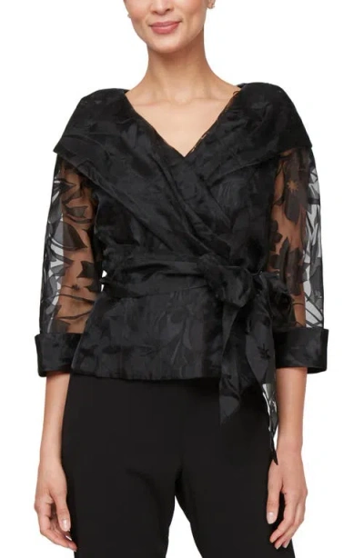 Alex Evenings Floral Tie Belt Illusion Three-quarter Sleeve Top In Black