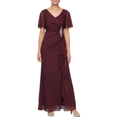 Alex Evenings Flutter Sleeve Faux-wrap Gown In Wine