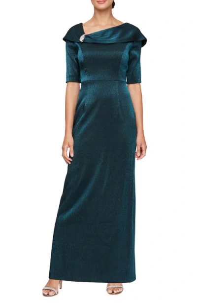 Alex Evenings Foldover Column Gown In Blk,teal