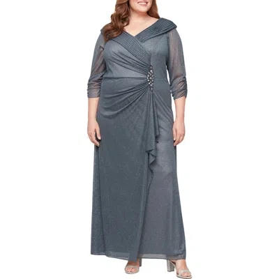 Alex Evenings Glitter Ruched Ruffle Gown In Gray