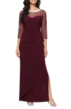 Alex Evenings Petite 3/4-sleeve Illusion Ruffled Gown In Burgundy