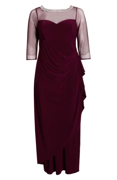 Alex Evenings Illusion Sleeve Side Ruched Gown In Burgundy
