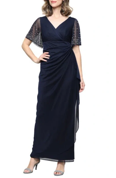 Alex Evenings Imitation Pearl & Rhinestone Embellished Empire Waist Gown In Blue