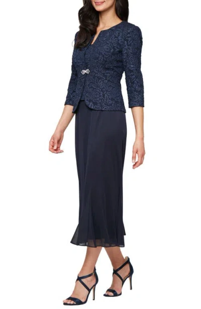 Alex Evenings Jacquard Cocktail Dress With Jacket In Blue