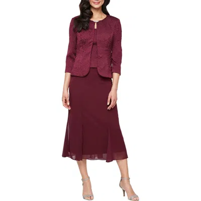 Alex Evenings Jacquard Cocktail Dress With Jacket In Burgundy