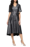 Alex Evenings Faux Wrap Metallic Jacquard Cocktail Midi Dress In Gray