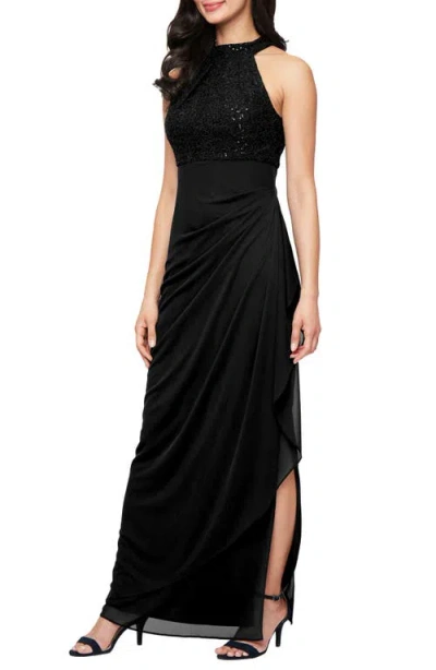 Alex Evenings Lace & Sequin Sleeveless Gown In Black