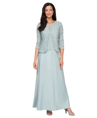 Alex Evenings Embroidered Lace Mock Two-piece Gown With Jacket In Ice Sage